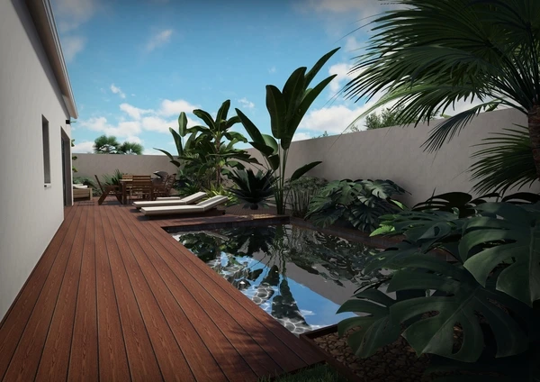 Visualisation 3D d'un projet d'aménagement extérieur conçu par Osmose.