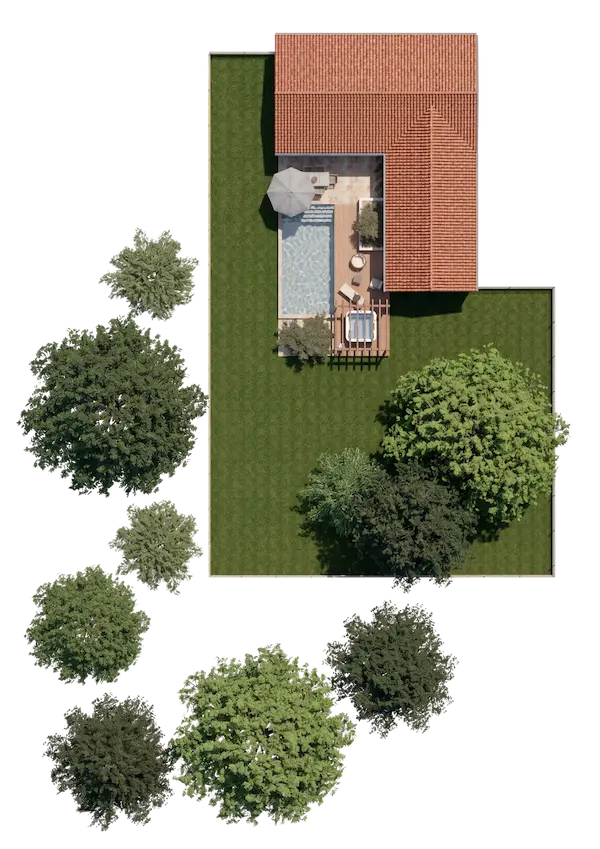 Plan 2D d'un projet d'aménagement extérieur conçu par Osmose.