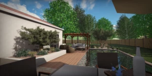Vue 3D du projet paysager Alba avec piscine, terrasse et espaces végétalisés.
